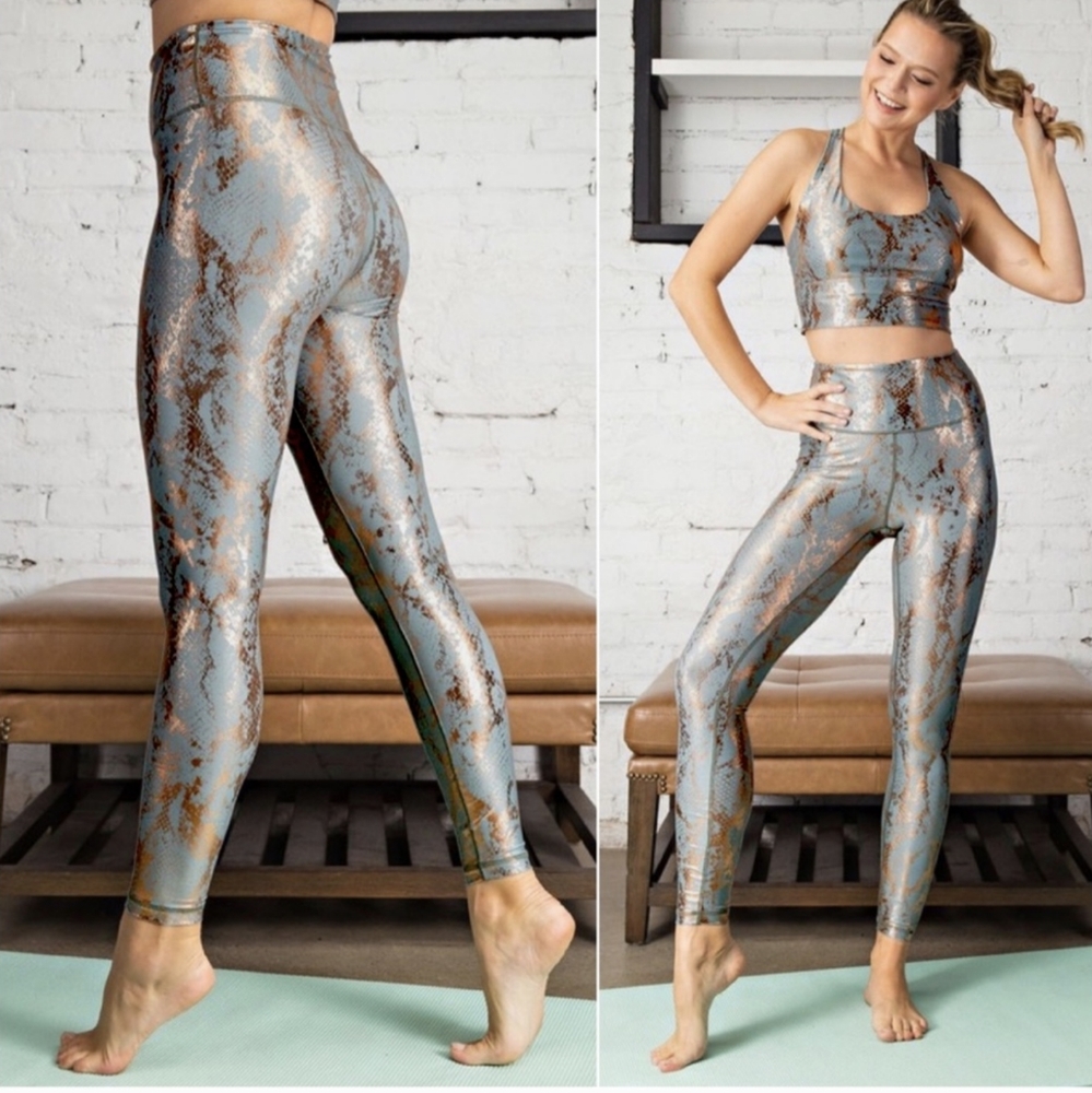 LAST Pair! Stunning Sage & Metallic Copper Snake Print High Waisted Leggings - Picture 6 of 7